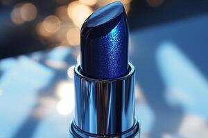 stunning cobalt blue lipstick bullet rests horizontally on smooth white backdrop. satin finish gleams light highlighting its rich and vibrant hue photo