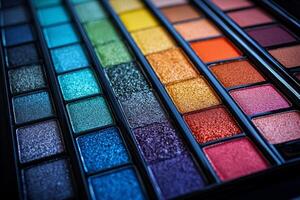 macro setting features vibrant eyeshadow palette rainbow shades lightly smudged demonstrate their bold pigmentation. clean white backdrop enhances sleek packaging and colors photo