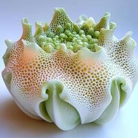 Close up study of broccoli floret reveals its intricate texture and rich green hue. Subtle shadows enhance details against bright white backdrop highlighting its natural beauty photo