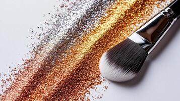meticulously arranged eyeshadow palette showcases metallic shades of gold bronze and silver sparkling beautifully soft lighting makeup brush beside it photo