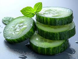Thinly sliced cucumber rounds are arranged in stack glistening droplets of water enhance their freshness against clean white background photo