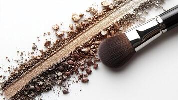 Soft lighting enhances sparkling metallic shades of gold bronze and silver in eyeshadow palette complemented makeup brush on white background photo