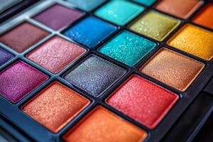 rainbow themed eyeshadow palette displays variety of bold shades expertly smudged highlight their rich pigmentation. sleek design and white backdrop enhance its modern appeal photo