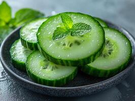 Thinly sliced cucumber rounds are artfully stacked showcasing their vibrant green color and fresh appearance. Water droplets enhance refreshing look against stark background photo