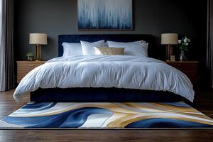 Soft and inviting bedside rug features abstract design irregular patterns in navy gold and white. rug contrasts beautifully white bedding and dark furniture photo