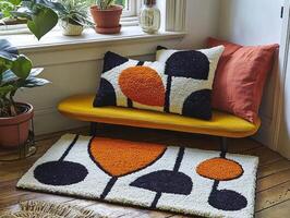 bedside rug featuring bold geometric shapes in black white and mustard yellow provides modern touch bright room setting adorned plants and cushions photo