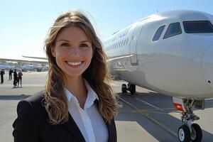 cheerful flight attendant stands outside aircraft on tarmac warmly greeting passengers bright smile clear blue sky creating professional and inviting atmosphere photo