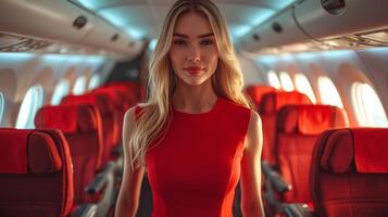 In well maintained airplane cabin flight attendant walks aisle perform routine cabin check her sharp uniform contrasting red seating photo