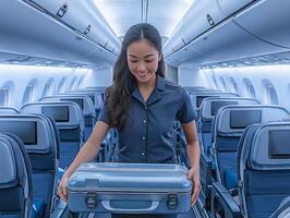 attentive flight attendant helps passenger as they place their suitcase in overhead compartment enhancing travel experience in welcoming airplane setting photo