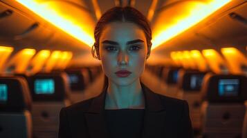 flight attendant walks down aisle performing routine cabin check ensuring everything is in order while her sharp uniform contrasts neat airplane setting photo