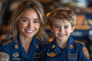 flight attendant kneels beside smiling young passenger in clean airplane cabin offering snack create friendly welcoming atmosphere for families photo