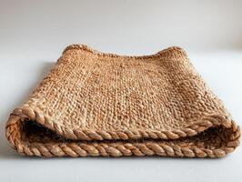 rectangular bedside rug in soft beige tone rests flat on clean white background. Its simple textured weave enhances neutral and minimalist aesthetic perfect for modern interiors photo