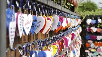 Close-Up of Colorful Heart-Shaped Love Locks Hanging on a Metal Fence in a Romantic Outdoor Display with Vibrant Details and Soft Depth of Field photo