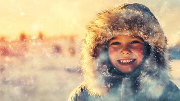 Smiling eskimo kid with fur hood and warm clothes photo