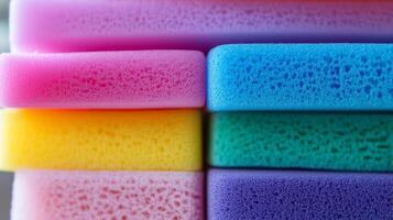 Bright colorful sponges composition stacked neatly for cleaning photo