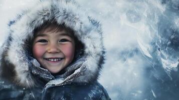 smiling eskimo kid with fur hood photo