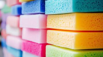 Bright colorful sponges stacked neatly for cleaning lifestyles photo