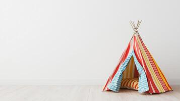 Children's play tent beside blank white wall with text space photo