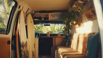Bringing retro travel vibes to a vintage van with palm trees photo