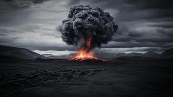 Volcanic eruption explodes with smoke, red hot lava. photo