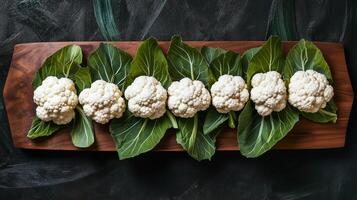 A collection of fresh cauliflower florets composition arranged artistically photo
