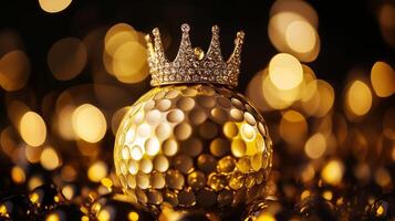 A shimmering golden golf ball adorned with a crown photo