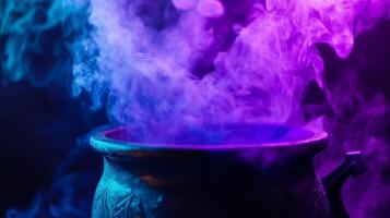 A cauldron with purple and blue smoke composition rising from it photo