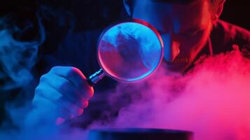 Magnifying glass glows with neon light. photo