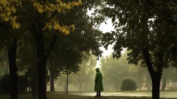 Person in green raincoat standing in the rain, surrounded by trees photo