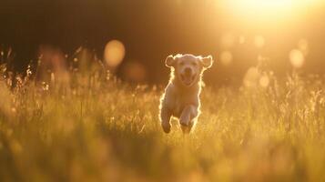 Golden retriever puppy running through a meadow photo