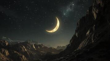 In a starry sky, a crescent moon glows in a soft glow photo