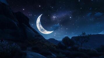 A crescent moon glows in a soft, ethereal glow photo