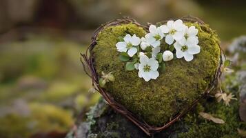 Mossy twig heart adorned with delicate white blossoms design photo