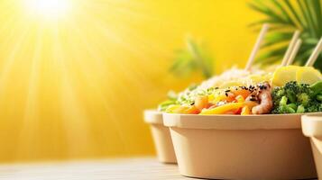 Poke bowl ingredient in cardboard containers on bright sunny background photo