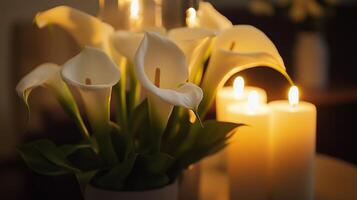 White Calla Lilies and Candles Create a Serene Ambiance Harmony photo