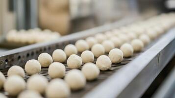 Close-up of Dough Balls on a Floured Conveyor photo