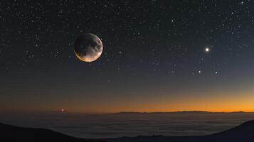 A large moon hangs in the sky above a dark photo