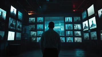 A Man In A Digital Wall Room With Multiple Screens Concepts photo