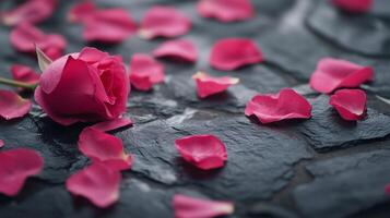 Delicate pink rose petals scattered on dark stone design photo