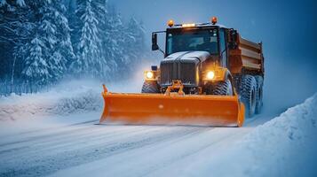 Snowplow clearing a road during a nighttime snowfall concept photo