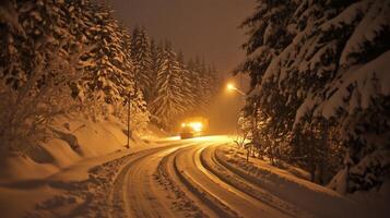 Snowplow service clearing a road during a nighttime snowfall photo
