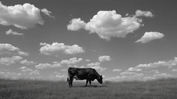 A monochrome cow grazes on a grassy field photo