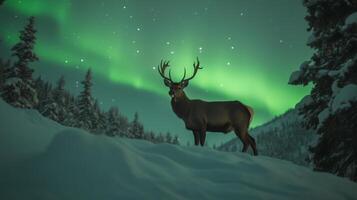 A deer stands atop a snow-covered slope beneath a green aurora beauty photo