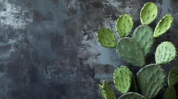 A green cactus on black background with gray wall nature photo