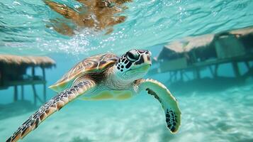 Turtle swims through tropical beach resort huts in water macrophotography photo