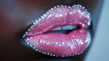 Close-up of a person's lips adorned with pink glitter photo