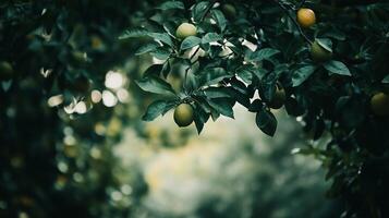 Limes dangling on green leaves from tree branches above nature photo