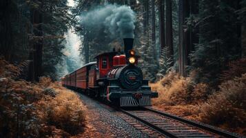 A red and black train traverses train tracks amidst a forest photo