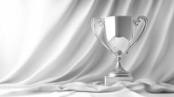 Silver trophy cup standing against a glossy silver background photo