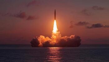 An Inspiring and Captivating Rocket Launch at Sunset Against the Beautiful Ocean Horizon photo